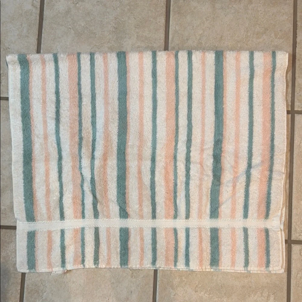 Caress Striped Vintage Towel in White, Peach, and Teal Cotton